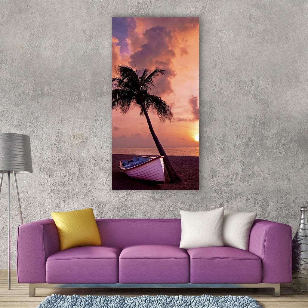Boat With Palm Tree Vertical Canvas Wall Art-1 Vertical-Gallery Wrap-12" x 24"-Tiaracle