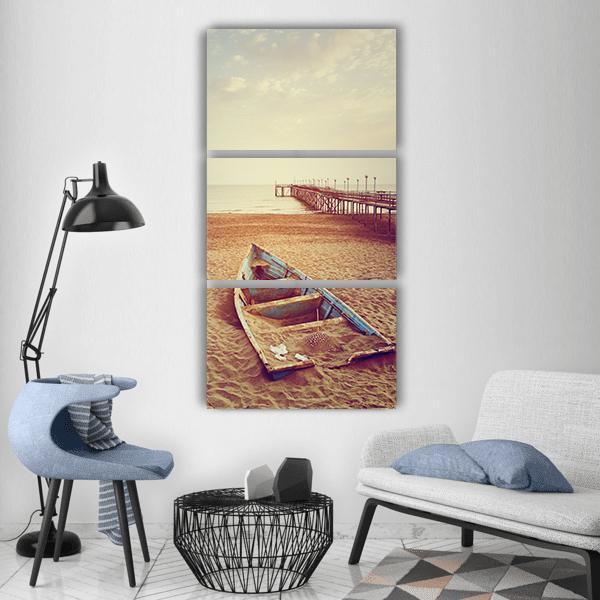 Boat With Sand Pier Dock Vertical Canvas Wall Art-3 Vertical-Gallery Wrap-12" x 25"-Tiaracle