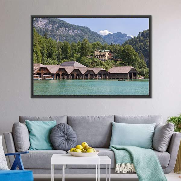 Boathouses At Konigssee German Canvas Wall Art-1 Piece-Floating Frame-24" x 16"-Tiaracle