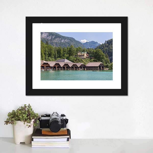 Boathouses At Konigssee German Canvas Wall Art-1 Piece-Framed Print-20" x 16"-Tiaracle