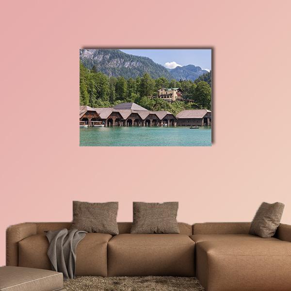 Boathouses at Konigssee Canvas Wall Art in brown, green and blue, single panel hung on a wall