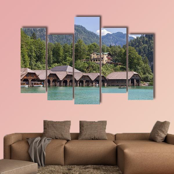 Boathouses At Konigssee German Canvas Wall Art-5 Pop-Gallery Wrap-47" x 32"-Tiaracle
