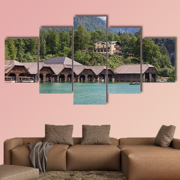Boathouses At Konigssee German Canvas Wall Art-5 Star-Gallery Wrap-62" x 32"-Tiaracle