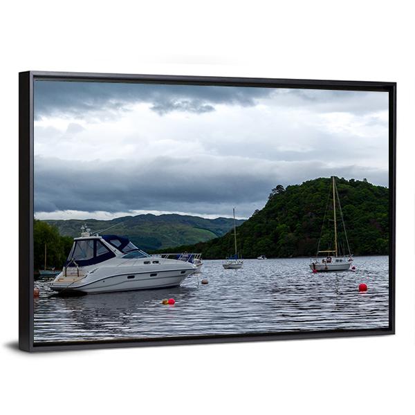 Boats Anchored In Lake Canvas Wall Art-3 Horizontal-Gallery Wrap-25" x 16"-Tiaracle