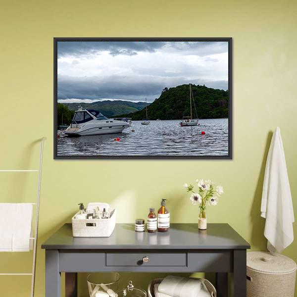 Boats Anchored In Lake Canvas Wall Art-3 Horizontal-Gallery Wrap-25" x 16"-Tiaracle