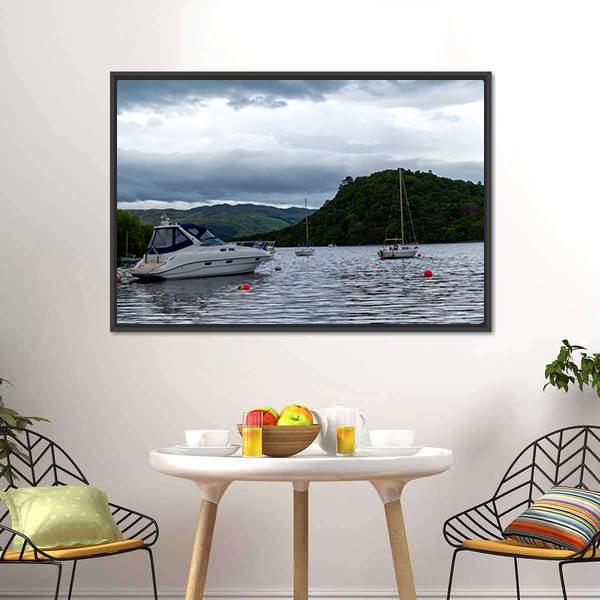 Boats Anchored In Lake Canvas Wall Art-3 Horizontal-Gallery Wrap-25" x 16"-Tiaracle