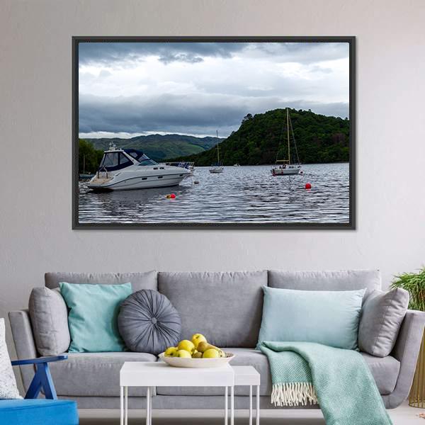 Boats Anchored In Lake Canvas Wall Art-1 Piece-Floating Frame-24" x 16"-Tiaracle