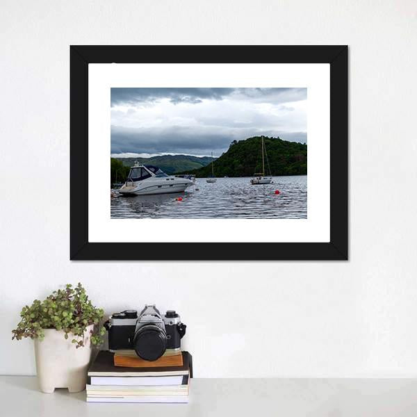 Boats Anchored In Lake Canvas Wall Art-1 Piece-Framed Print-20" x 16"-Tiaracle