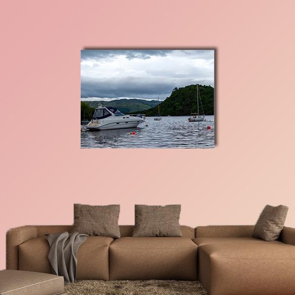 Boats Anchored on a Serene Lake Canvas Wall Art in gray, green and blue, single panel hung on a wall