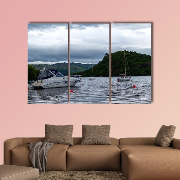 Boats Anchored In Lake Canvas Wall Art-3 Horizontal-Gallery Wrap-25" x 16"-Tiaracle