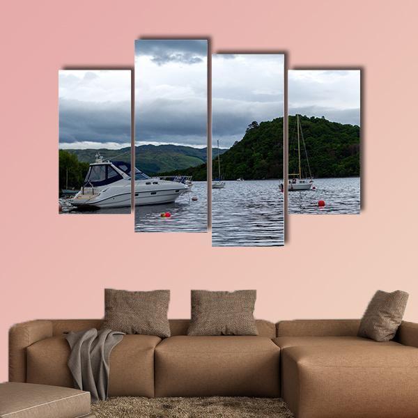 Boats Anchored In Lake Canvas Wall Art-4 Pop-Gallery Wrap-50" x 32"-Tiaracle