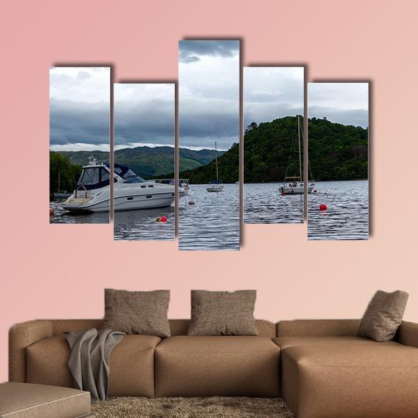 Boats Anchored In Lake Canvas Wall Art-5 Pop-Gallery Wrap-47" x 32"-Tiaracle