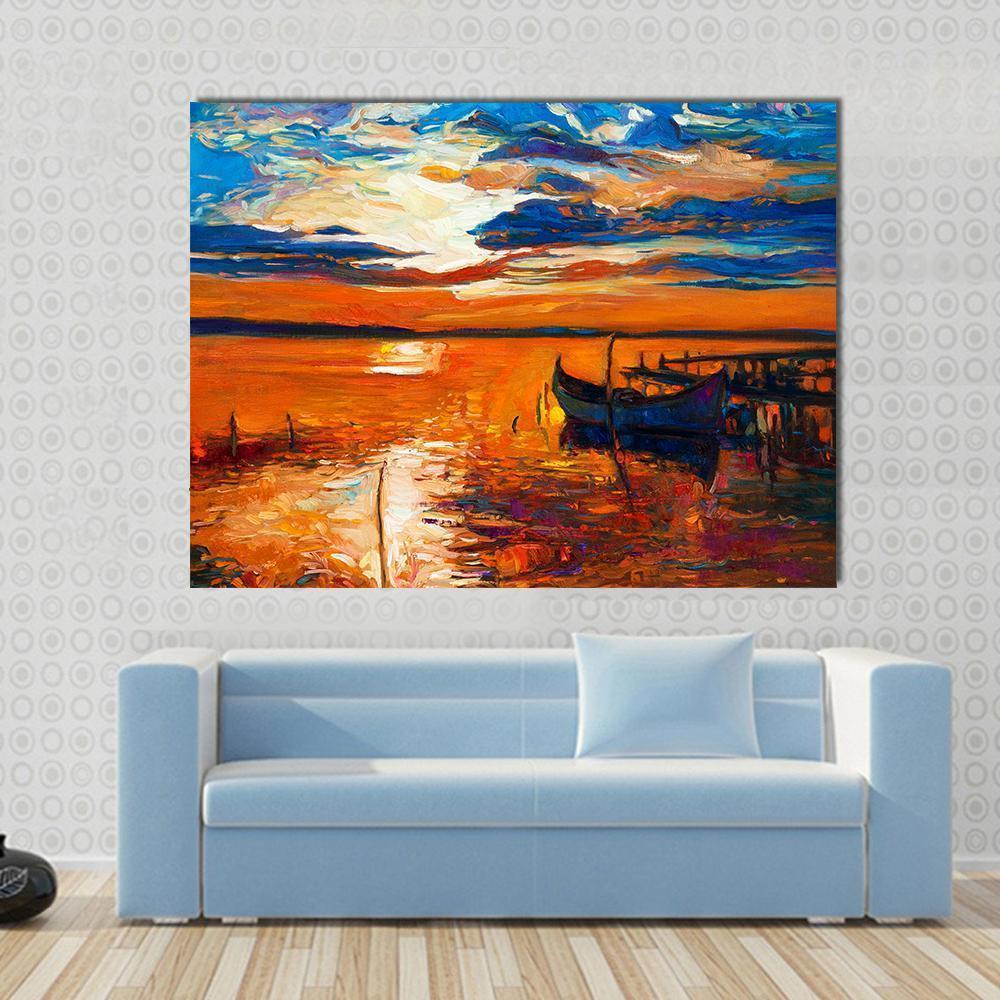 Boat and Pier at Sunset Canvas Wall Art in orange, yellow and blue, single panel hung on a wall