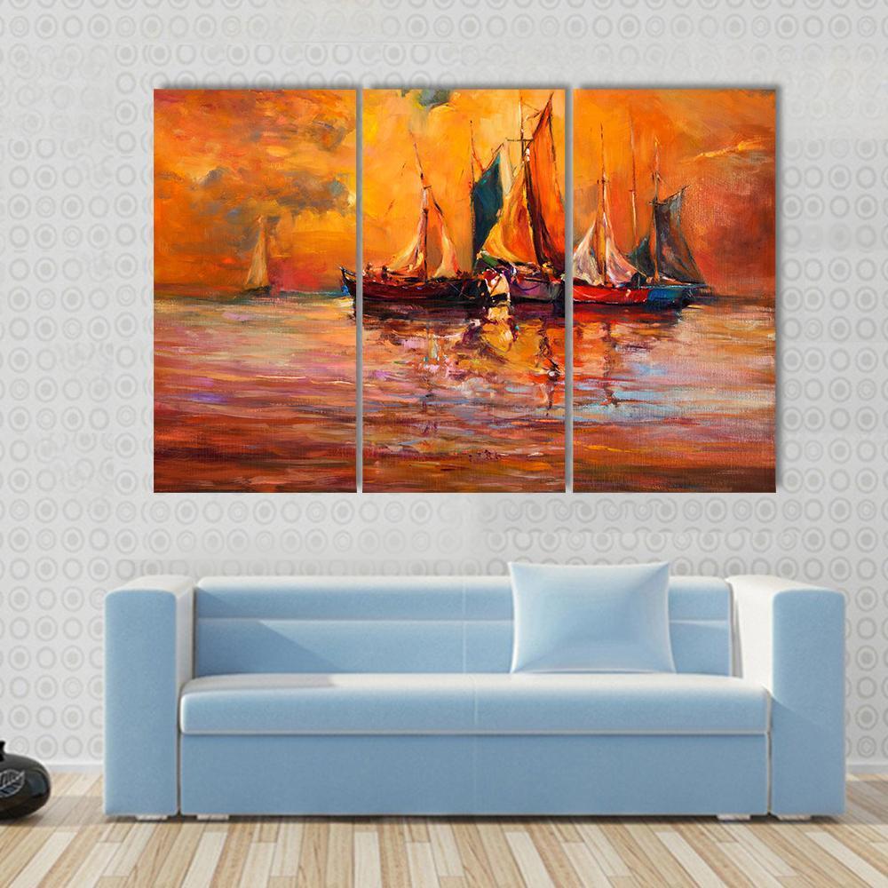 Boats &amp; Sea Illustration Canvas Wall Art-3 Horizontal-Gallery Wrap-37" x 24"-Tiaracle