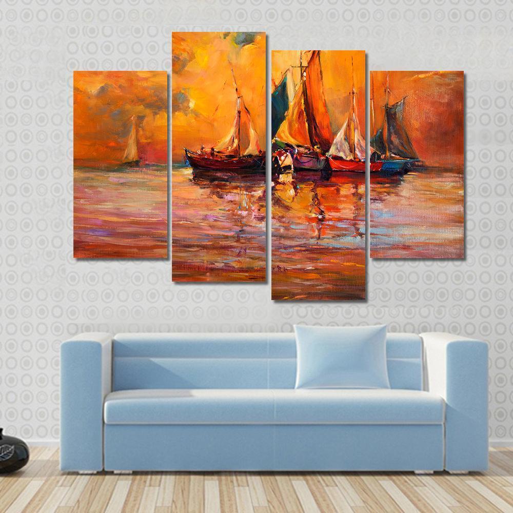 Boats &amp; Sea Illustration Canvas Wall Art-4 Pop-Gallery Wrap-50&quot; x 32&quot;-Tiaracle
