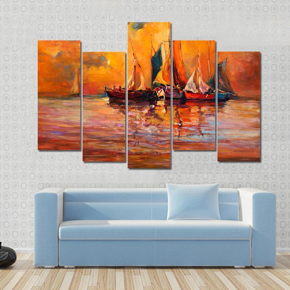 Boats &amp; Sea Illustration Canvas Wall Art-5 Pop-Gallery Wrap-47&quot; x 32&quot;-Tiaracle