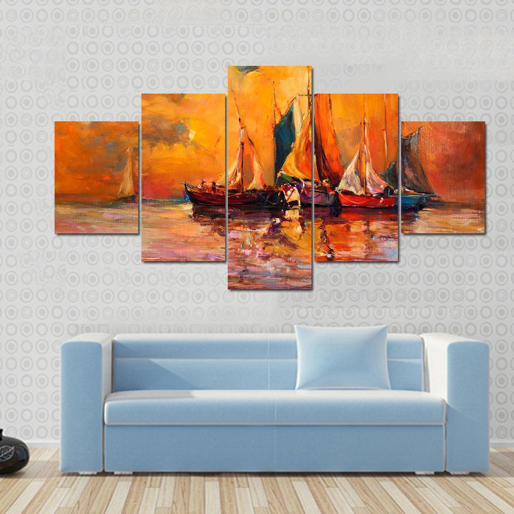 Boats &amp; Sea Illustration Canvas Wall Art-5 Star-Gallery Wrap-62&quot; x 32&quot;-Tiaracle