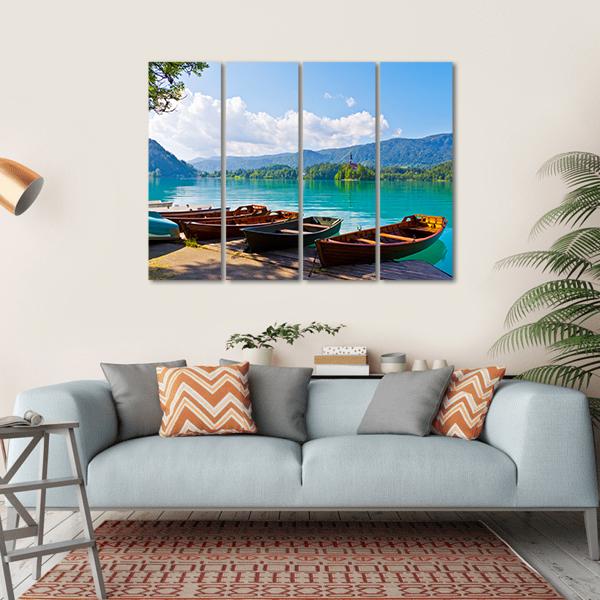 Boats At Bled Lake Canvas Wall Art-4 Horizontal-Gallery Wrap-34" x 24"-Tiaracle