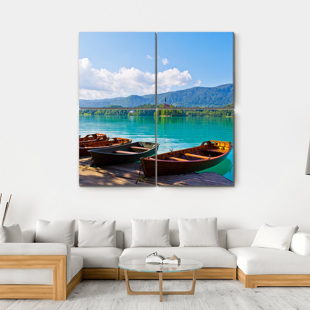 Boats At Bled Lake Canvas Wall Art-4 Square-Gallery Wrap-17" x 17"-Tiaracle