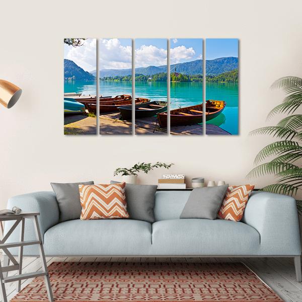 Boats At Bled Lake Canvas Wall Art-5 Horizontal-Gallery Wrap-22" x 12"-Tiaracle