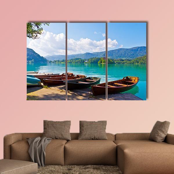 Boats At Bled Lake Canvas Wall Art-3 Horizontal-Gallery Wrap-37" x 24"-Tiaracle