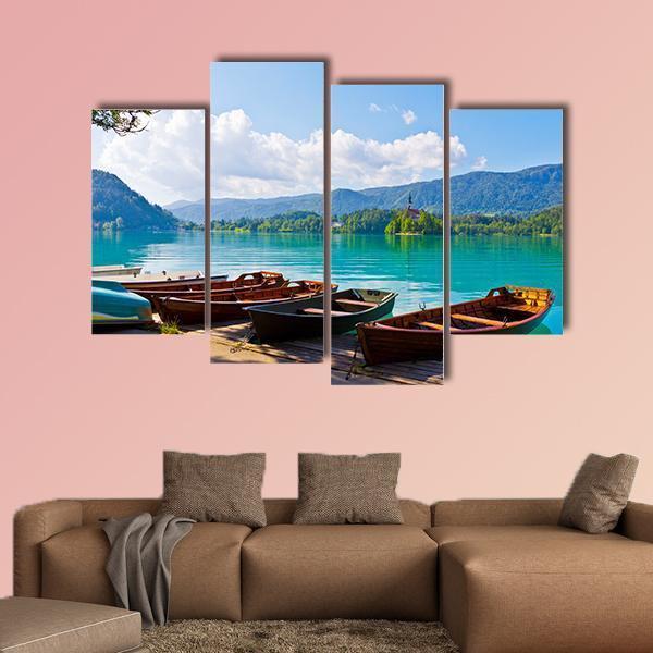 Boats At Bled Lake Canvas Wall Art-4 Pop-Gallery Wrap-50" x 32"-Tiaracle