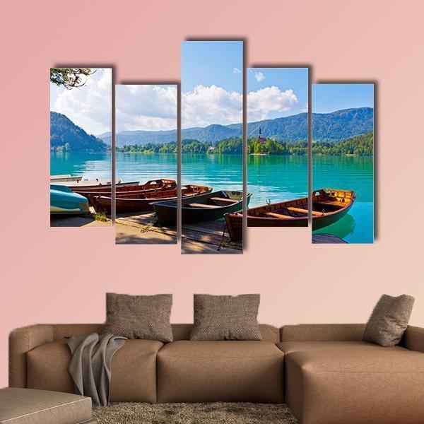 Boats At Bled Lake Canvas Wall Art-5 Pop-Gallery Wrap-47&quot; x 32&quot;-Tiaracle