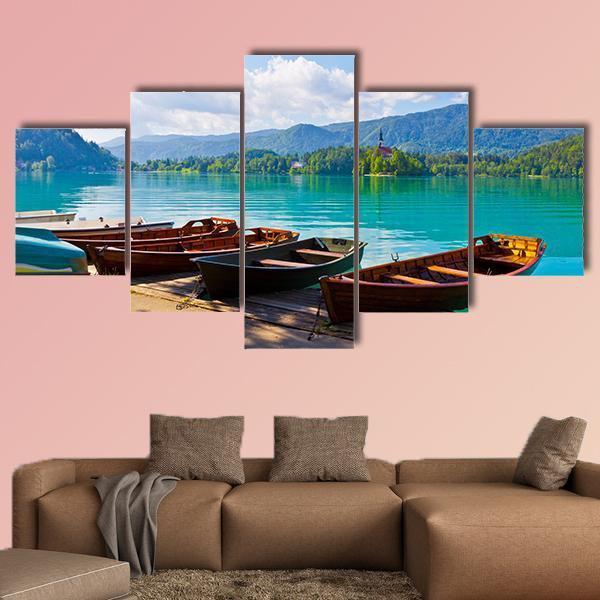 Boats At Bled Lake Canvas Wall Art-5 Star-Gallery Wrap-62&quot; x 32&quot;-Tiaracle