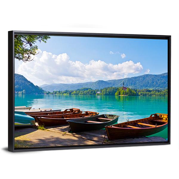 Boats At Bled Lake Canvas Wall Art-3 Horizontal-Gallery Wrap-25" x 16"-Tiaracle