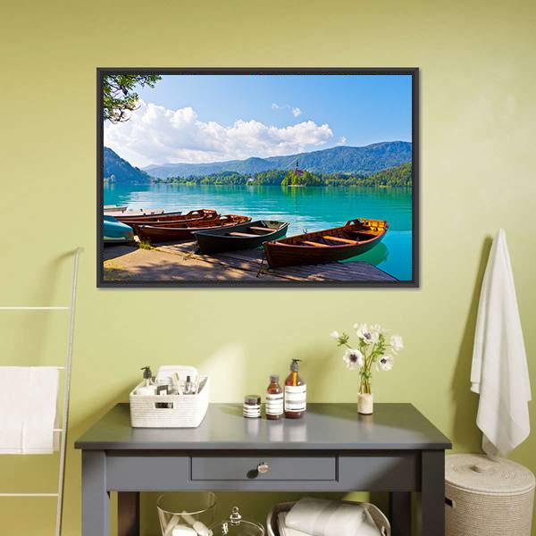 Boats At Bled Lake Canvas Wall Art-3 Horizontal-Gallery Wrap-25" x 16"-Tiaracle