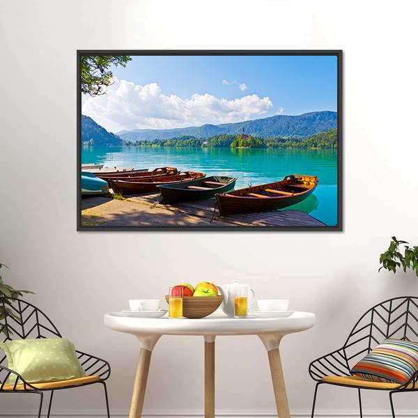 Boats At Bled Lake Canvas Wall Art-3 Horizontal-Gallery Wrap-25" x 16"-Tiaracle