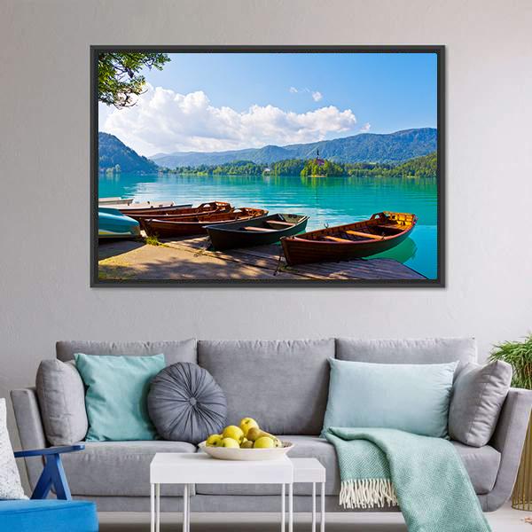 Boats At Bled Lake Canvas Wall Art-1 Piece-Floating Frame-24&quot; x 16&quot;-Tiaracle