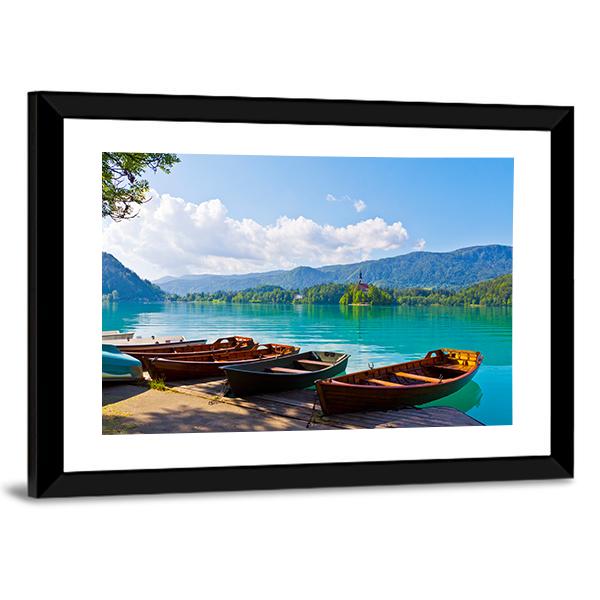 Boats At Bled Lake Canvas Wall Art-3 Horizontal-Gallery Wrap-25" x 16"-Tiaracle