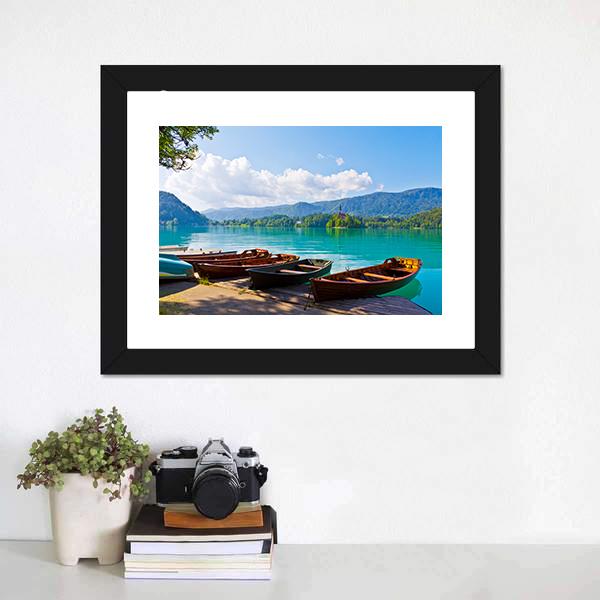 Boats At Bled Lake Canvas Wall Art-1 Piece-Framed Print-20" x 16"-Tiaracle