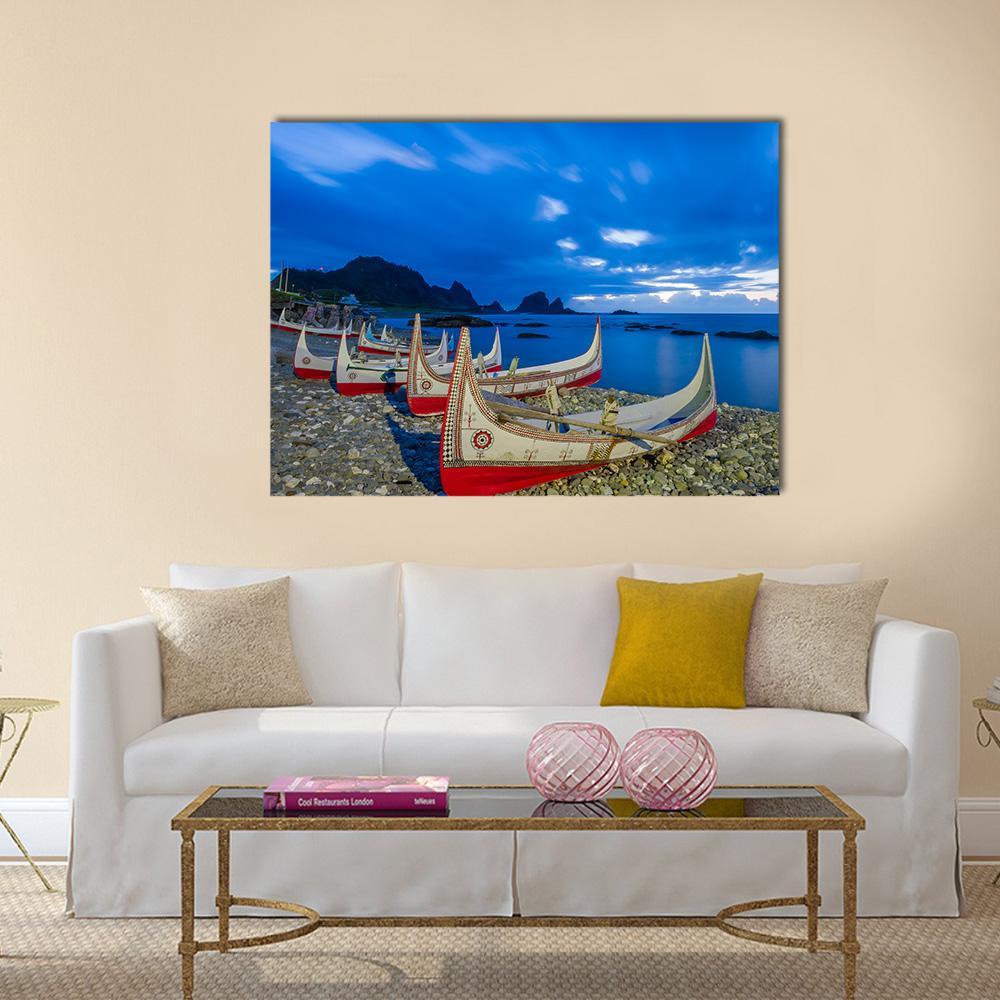 Boats at Orchid Island Canvas Wall Art in white, red and blue, single panel hung on a wall