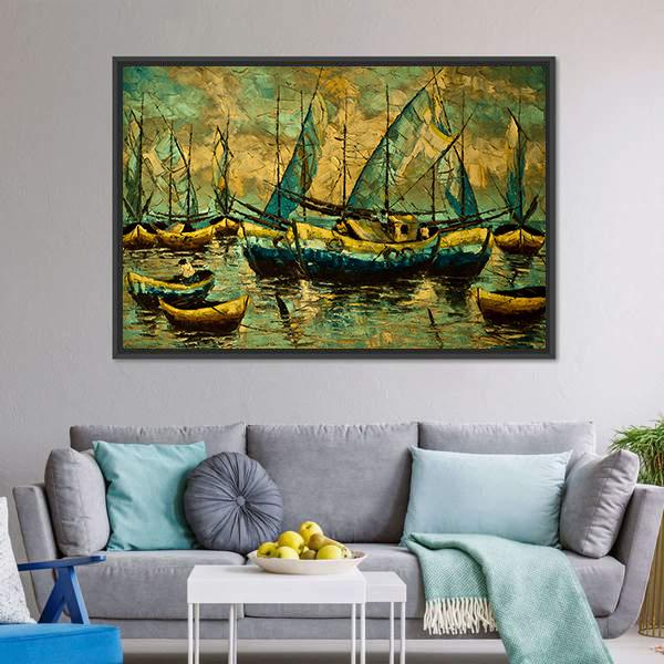 Boats In A Lake Canvas Wall Art-1 Piece-Floating Frame-24" x 16"-Tiaracle