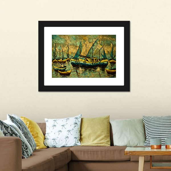 Boats In A Lake Canvas Wall Art-5 Horizontal-Gallery Wrap-22" x 12"-Tiaracle