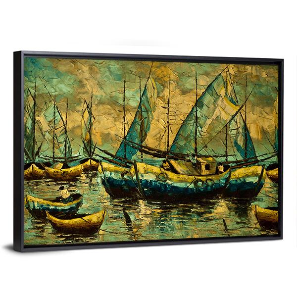 Boats In A Lake Canvas Wall Art-5 Horizontal-Gallery Wrap-22" x 12"-Tiaracle