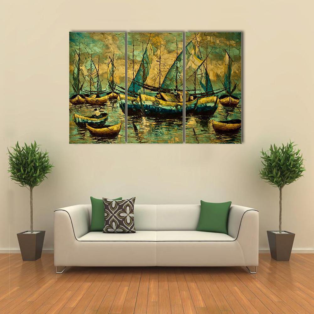Boats In A Lake Canvas Wall Art-3 Horizontal-Gallery Wrap-37" x 24"-Tiaracle