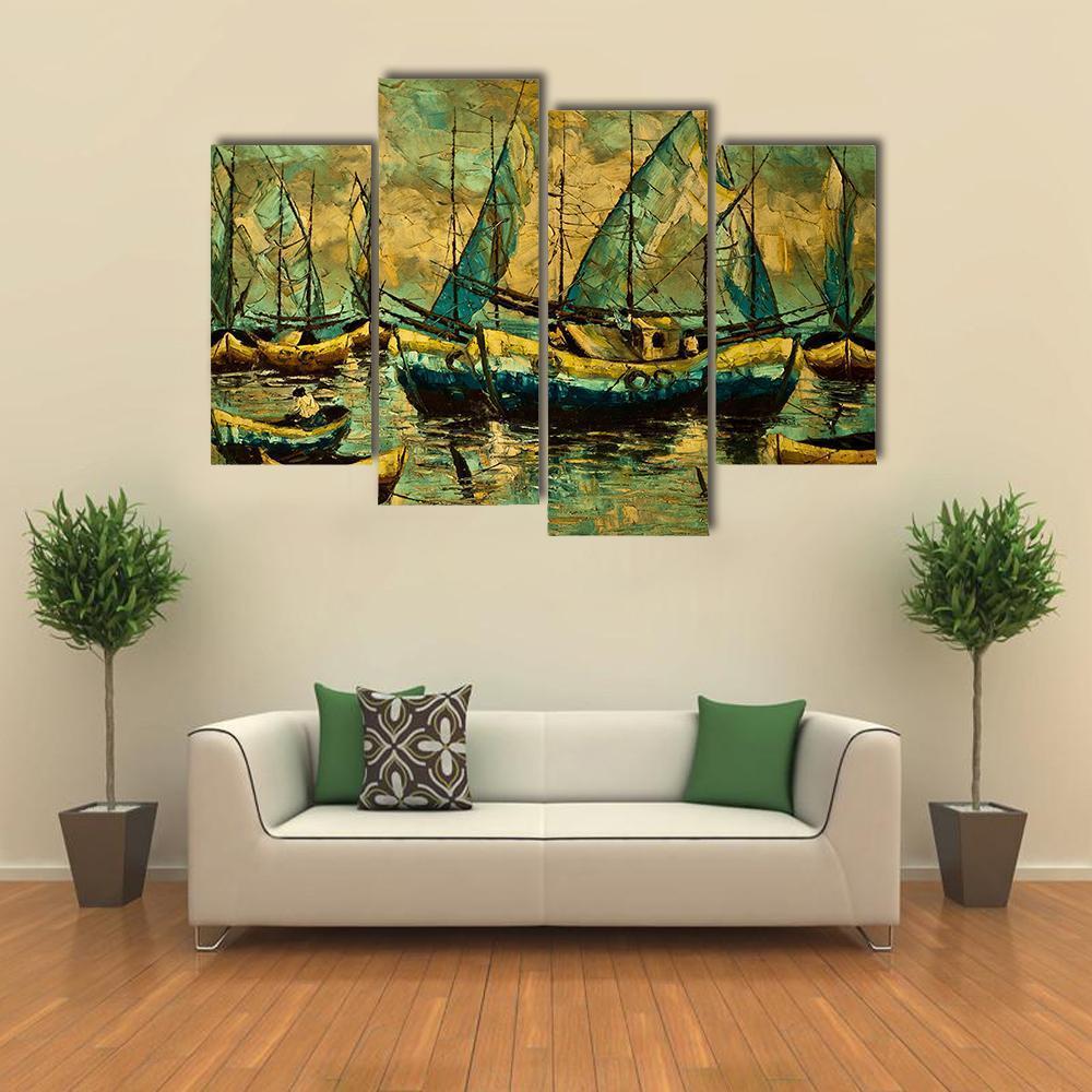 Boats In A Lake Canvas Wall Art-4 Pop-Gallery Wrap-50" x 32"-Tiaracle