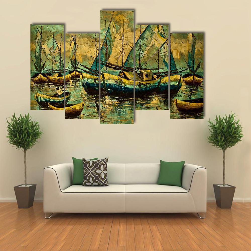 Boats In A Lake Canvas Wall Art-5 Pop-Gallery Wrap-47" x 32"-Tiaracle