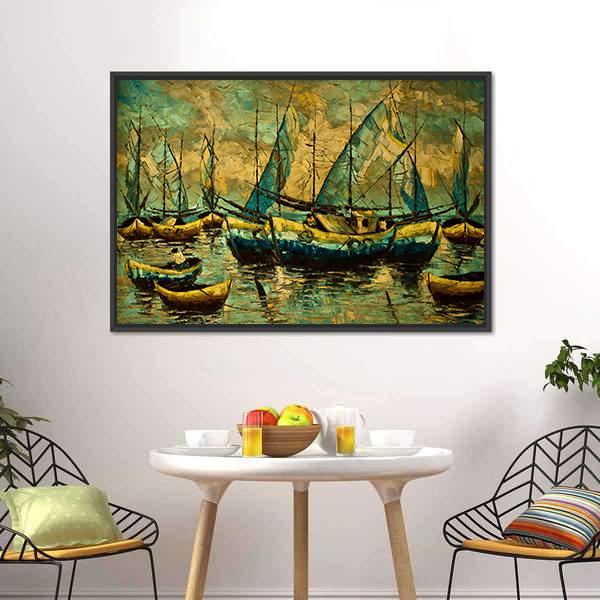 Boats In A Lake Canvas Wall Art-3 Horizontal-Gallery Wrap-25" x 16"-Tiaracle