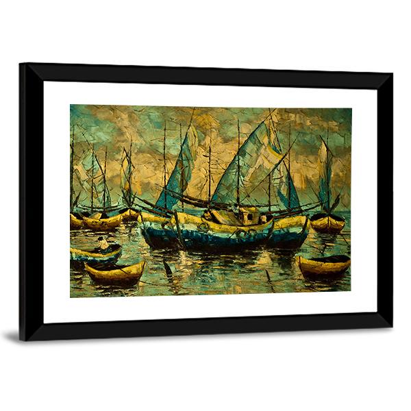 Boats In A Lake Canvas Wall Art-3 Horizontal-Gallery Wrap-25" x 16"-Tiaracle