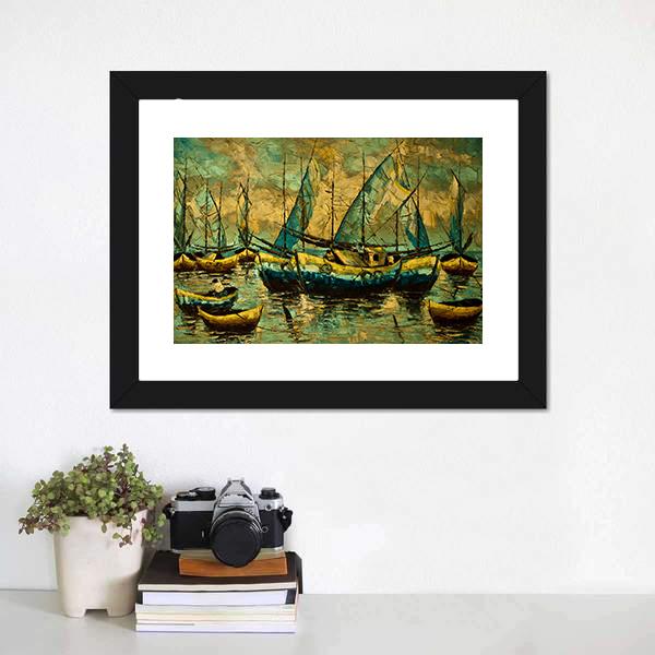 Boats In A Lake Canvas Wall Art-1 Piece-Framed Print-20" x 16"-Tiaracle