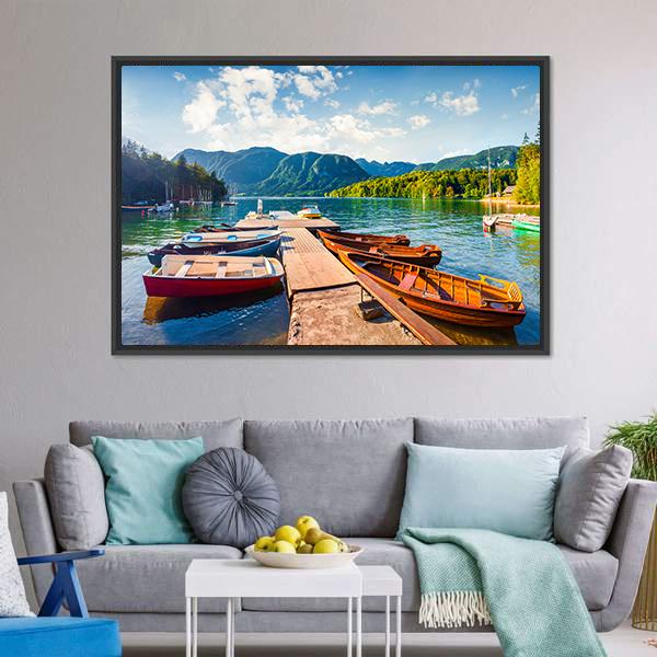 Boats In Bohinj Lake Panoramic Canvas Wall Art-1 Piece-36" x 12"-Tiaracle