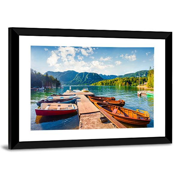 Boats In Bohinj Lake Panoramic Canvas Wall Art-1 Piece-36" x 12"-Tiaracle