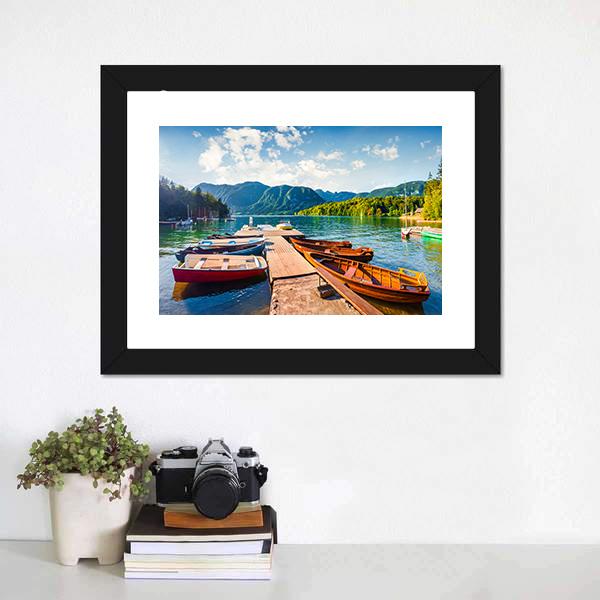 Boats In Bohinj Lake Panoramic Canvas Wall Art-1 Piece-36" x 12"-Tiaracle