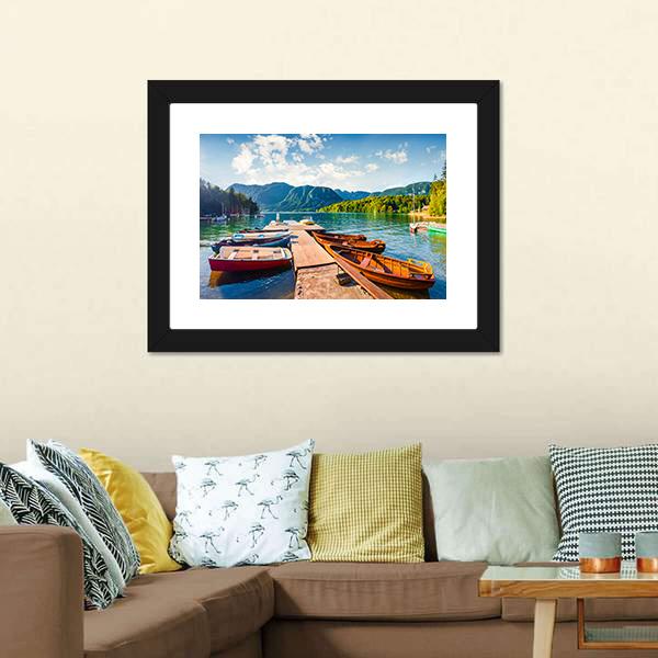 Boats In Bohinj Lake Panoramic Canvas Wall Art-1 Piece-36" x 12"-Tiaracle