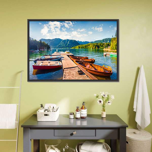 Boats In Bohinj Lake Panoramic Canvas Wall Art-1 Piece-36" x 12"-Tiaracle