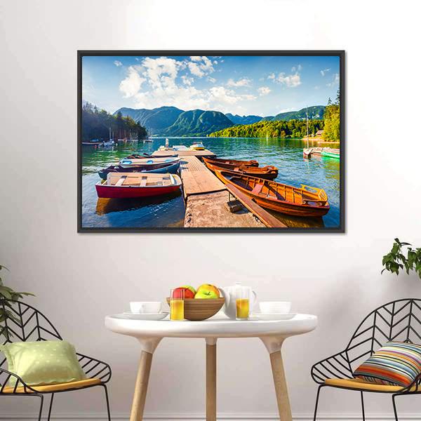 Boats In Bohinj Lake Panoramic Canvas Wall Art-1 Piece-36" x 12"-Tiaracle